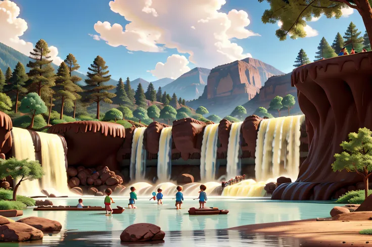 a cartoon world, a large chocolate waterfall falls on a lake, children play in the chocolate lake, the atmosphere is festive