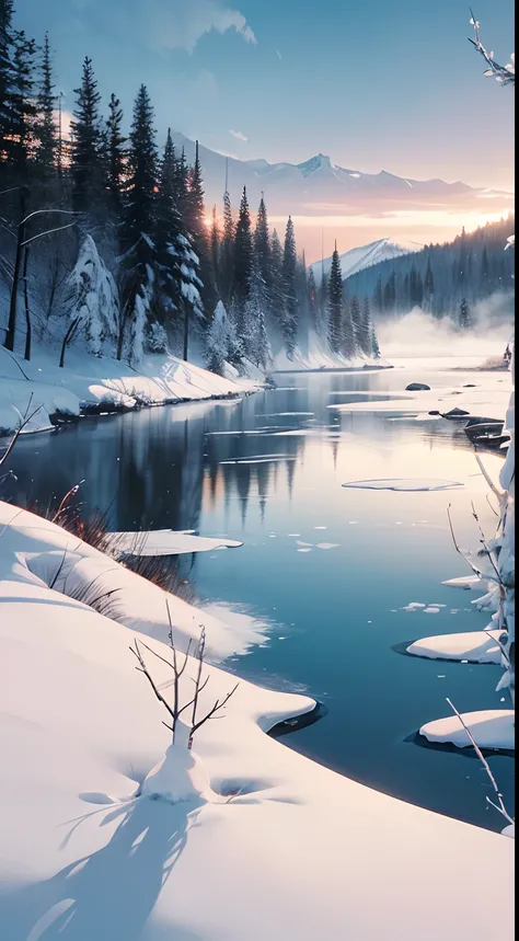 Generate an image that captures the essence of a stunning, frigid landscape blanketed in snow. In this scene, depict a pristine, frozen lake reflecting the pale, wintry sky. Surround the lake with a dense forest of evergreen trees, their branches sagging u...