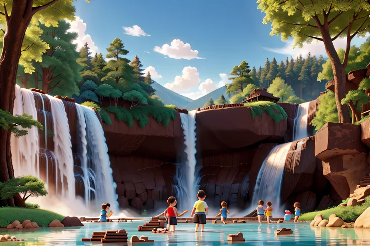 a cartoon world, a large chocolate waterfall falls on a lake, children play in the chocolate lake, the atmosphere is festive