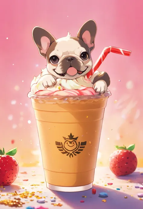 Unique, Cartoonish playful French bulldog-shaped cup, Colorful Starbucks-style frappuccino, French Bulldog Logo.