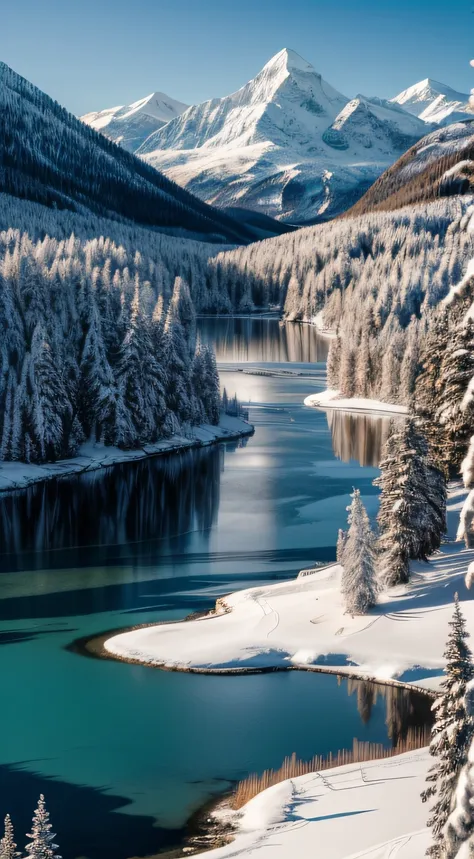 Generate an image that captures the essence of a stunning, frigid landscape blanketed in snow. In this scene, depict a pristine, frozen lake reflecting the pale, wintry sky. Surround the lake with a dense forest of evergreen trees, their branches sagging u...