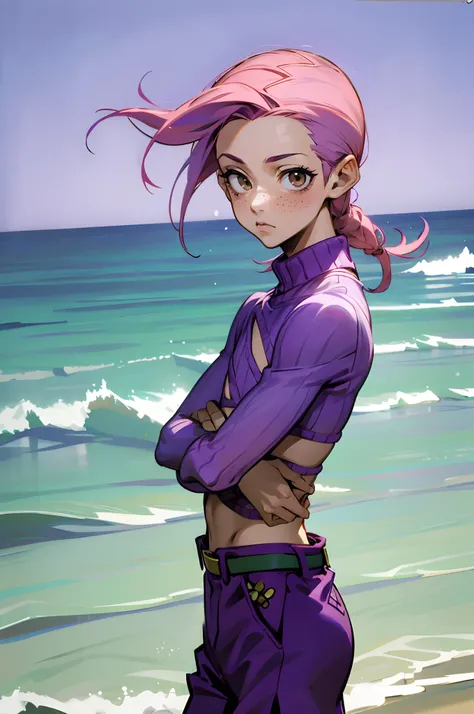 vinegar doppio, doppio, pink hair, purple sweater, purple pants, purple shoes, freckles, green belt, 1boy, male focus, solo, brown eyes, cowboy shot, petite boy, ocean, beach