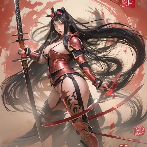 Sexy woman with long black hair，Chinese style woman，Wearing a naked，full bodyesbian，Pose from head to toe，Big breasts and big buttocks，Big breasts and fat buttocks，sword, swordsmen，Jianghu martial arts，Copper money armor