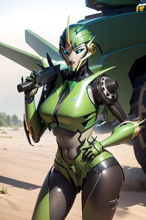 masterpiece, transformer, sexy green and yellow female robot, tractor parts as armor, autobot deer logo, sliver face, blue eyes,