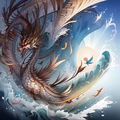 Yamakawa，rios，Sun，Mountain and Sea Lark Scroll，Ancient mythology of the Mountain and Sea Sutra，mythological beasts，wave as dragon, Epic composition，shadowing，National style