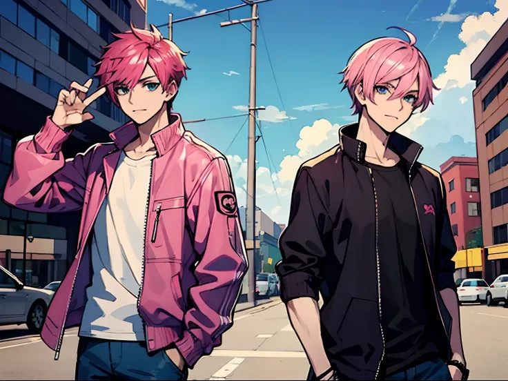 Man with Dark Pink Hair, Hot Pink Hair, Short hair, Blue eyes, wearing a jacket and tshirt, wearing jeans, cool guy