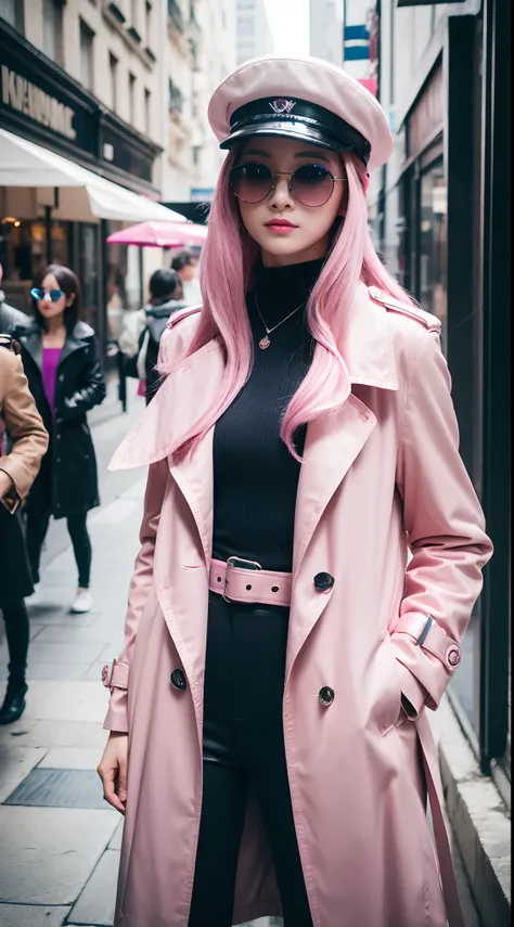 4K, Realistic, high detal, Super eye details, fashionable attire, Pink trench coat, French berets, Black belt pants, Long hair, In the city,  Pink hair, Purple eyes, Yae Miko, Wear stylish sunglasses,