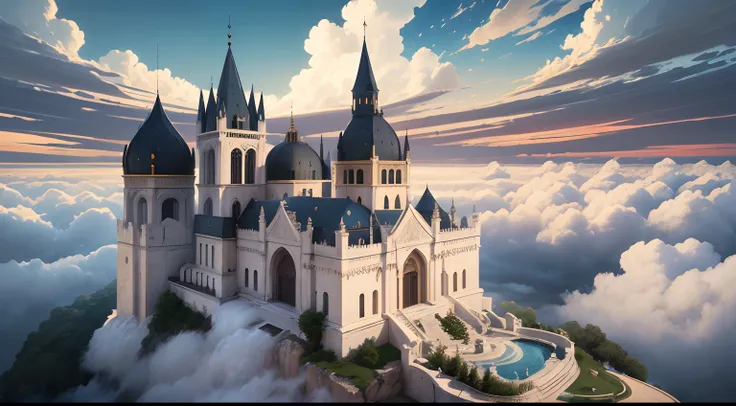 Holy Land in the Clouds, Majestic palace in the sky, Palace in Viking white marble architecture Valhalla, Medieval Gothic Palace, Sacred Clouds, Realistic and detailed golden skies at dusk, Realistic angel clouds, Highly detailed comic book traces, Beautif...