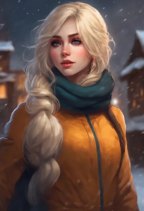 anime Chica rubia elfa con el pelo corto y ropa larga de invierno,