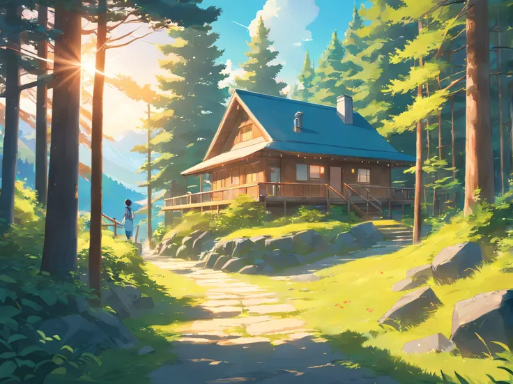 Houses, camp, Coniferous trees, Path, sun, Anime style