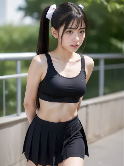 Knees，small tits，skirt by the，Sportsbra，tshirts，年轻，teens girl，A dark-haired，Twin-tailed，poneyTail，小柄，Short stature，pupils on，uneasy