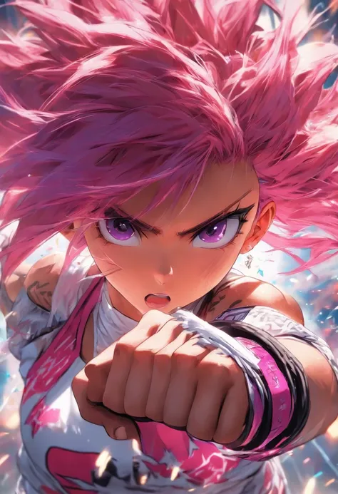 **an athletic girl, flat chest, pink hair, short messy hair, purple eyes, wearing a white MMA outfit and an off-shoulder jacket, shoulders exposed, punk, tough and aggressive, boxing wraps around hands, --niji --ar 2:3** - Image #3