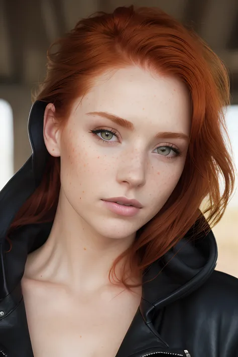 redhead haired woman with freckled hair and leather jacket, ginger hair with freckles, red hair and freckles, light freckles, red haired young woman, a redheaded young woman, light cute freckles, very light freckles, woman with freckles, soft freckles, fre...