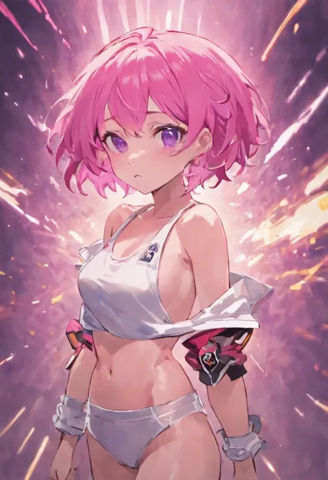 **an athletic girl, flat chest, pink hair, short messy hair, purple eyes, wearing a white MMA outfit and an off-shoulder jacket, shoulders exposed, punk, tough and aggressive, boxing wraps around hands