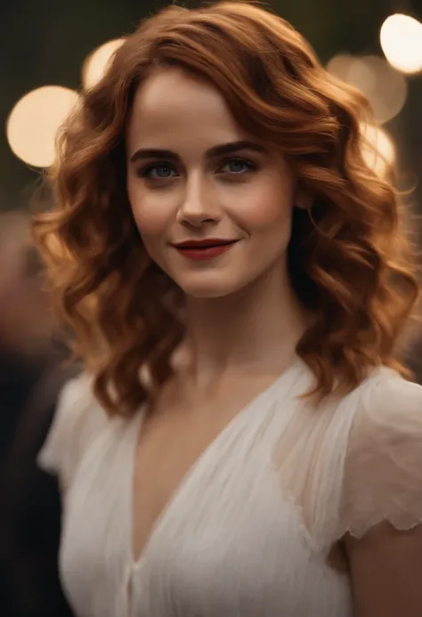 a girl who is the mix between Emma Watson, Jennifer Lawrence, Emma Stone, with curly red hair, seductive smile, Coral lipstick, tient un livre dans sa main, photoreallistic, (Bokeh), (Best quality) , (detailed skin texture:1.1), (complexe), (Detailed facia...