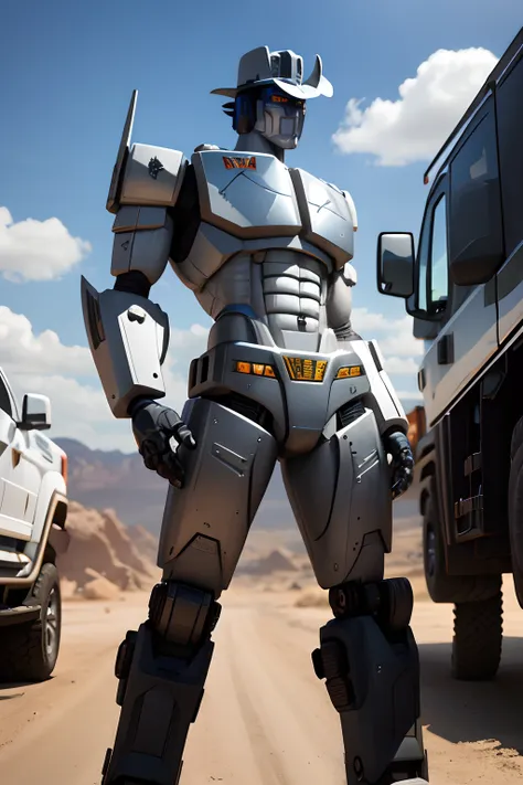 sliver pick-up truck transformer,male robot, robotic cowboy hat, truck parts as armor, robotic handgun,