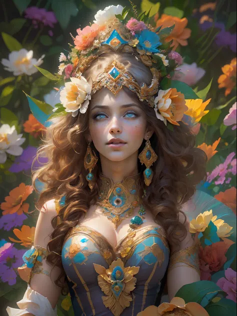 This artwork is colorful and exciting with lots of action and visual interest. Generate a strong and proud woman dressed in intricate and ornate circus garb and realistic skin and hair texture. Her eyes are beautiful and realistically shaded and her face i...