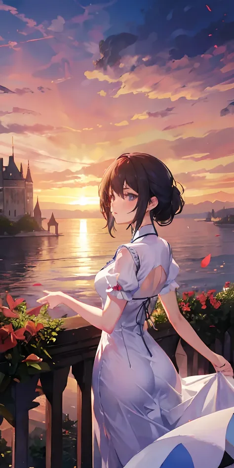 1 persons、Distant girl in tight white dress stares at medieval French castle、The sunset is beautiful、