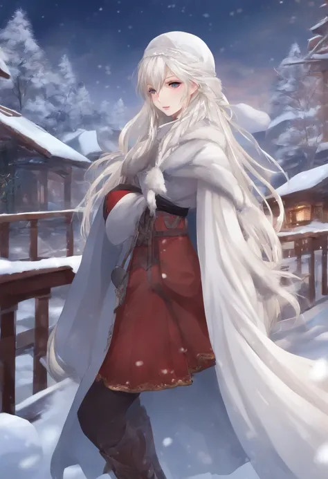 anime girl with white long hair, classic winter clothes