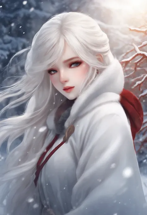 anime girl with white long hair, classic winter clothes