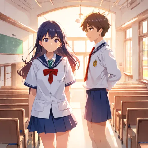 (There was a boy and a girl in a white school uniform, Masterpiece, Best quality:1.5), Super detail, Cinematic lighting, hdr, illustration,The love of youth on campus，In the classroom at sunset , Highly detailed, High contrast, Golden ratio composition, ep...