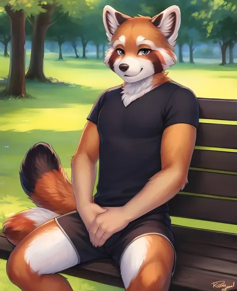 mature male, red panda, loose shorts, black t-shirt, sitting on park bench, waving at viewer, closed smile, soft shading, detail...