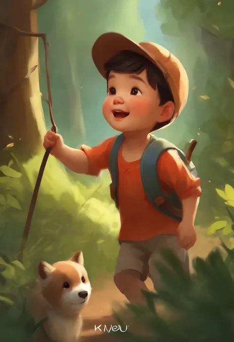 There is a little boy, who plays in the woods, adorable digital painting, expressing joy. by krenz cushart, childrens art in artstation, happy kid, Enjoying a walk in the woods, inspired by Goro Fujita, Yong-Hao Han, jaeyeon nam, inspired by Yeong-Hao Han,...