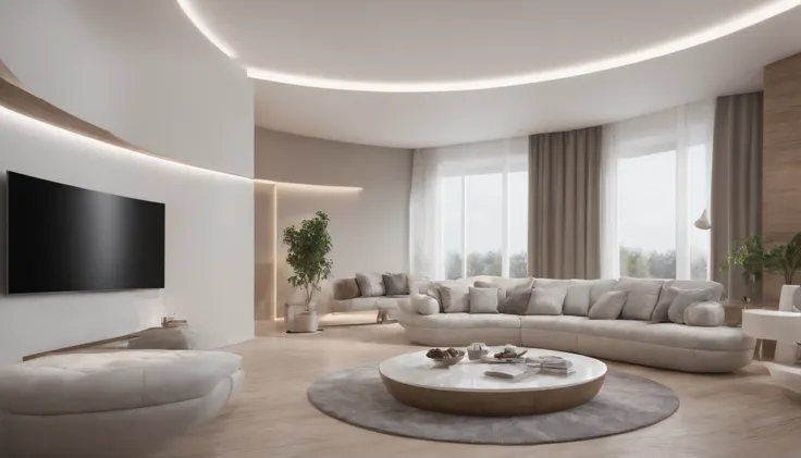 A futuristic room with furniture in modern curved shapes. The photo is in 3D and 8K, with incredible image quality. The living room is large and spacious, com paredes brancas e teto alto. The floor is light wood. The furniture is all in curved shapes, feit...