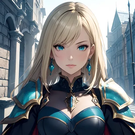 masterpiece, best quality, 1woman adult, older milf, female focus, solo, blonde hair, vibrant aqua eyes, medium hair with fringe, looking at viewer, cape, High quality metal texture, semi metal armor, closed mouth, upper body, bangs, high collar,(kbxll:0.6...