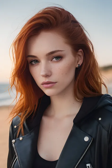 a photo of a seductive woman with loose styled (redhead hair:1.1), bored, she is wearing a hoodie and black leather jacket, mascara, (textured skin, skin pores:1.1), (moles:0.8), imperfect skin, goosebumps, flawless face, (light freckles:0.9), (sun-kissed:...