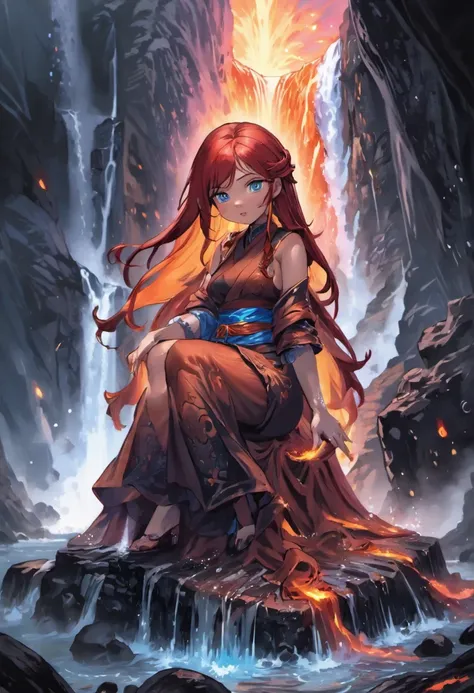 fantasy art, photorealistic, D&D art, a picture of a female monk sitting and meditating near a waterfall, at the base of the waterfall,  there is a human woman monk wearing monk garbs, meditating near a bonfire near an (epic sized waterfall: 1.3), red hair...