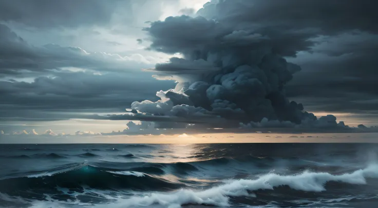 Realistic sea surface dark clouds and heavy rain