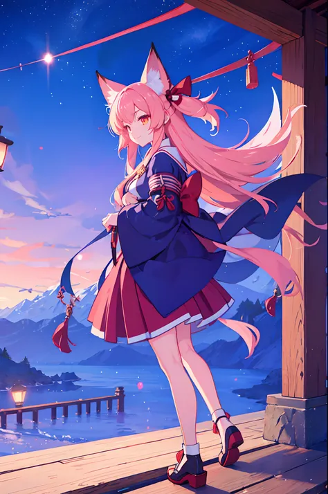 shrine maiden fox girl at night starry sky