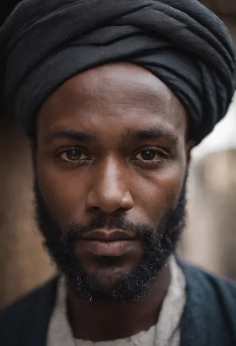 A symmetric portrait of a black man, small beard, wrinkled, weathered, with piercing eyes, detailed face, high details, photography, dark studio, rim light, Nikon D850, 50mm, f/1.4 , Large white turban