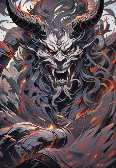 Hell Demon, Black-scaled youkai, Chinese legend hell scene, Extreme horror, Zhang Yimous film style, The picture is bright, Extremely detailed line drawings CG artwork, See the devil clearly, It shows the shape of a huge right hand with demonic fingers, De...