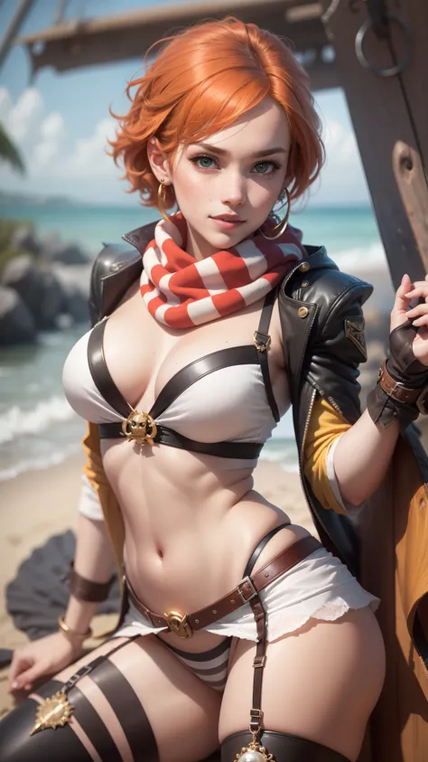 snake eating girl,gwen tennyson,elsa,tracer,atelier ryza,teenager,pirate outfit,beach,green eyes,long scarf,thigh high boots,garter belt,shy smile,striped panties,short hair,orange hair,pirate ship,white striped top,tight skirt,freckles,redhead,pirate cors...