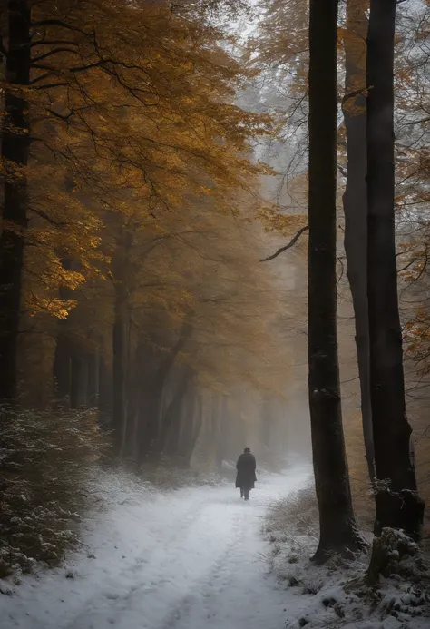 HD masterpiece, beste-Qualit, high resolucion, 4k, Medieval, (((un vieux homme de 70 ans))) avec une (Barbe blanche), traits du visage forts, le torse nu et un ((gros ventre)) Walking in the forest in autumn . Il y a des vapeurs et des brumes volumineuses ...