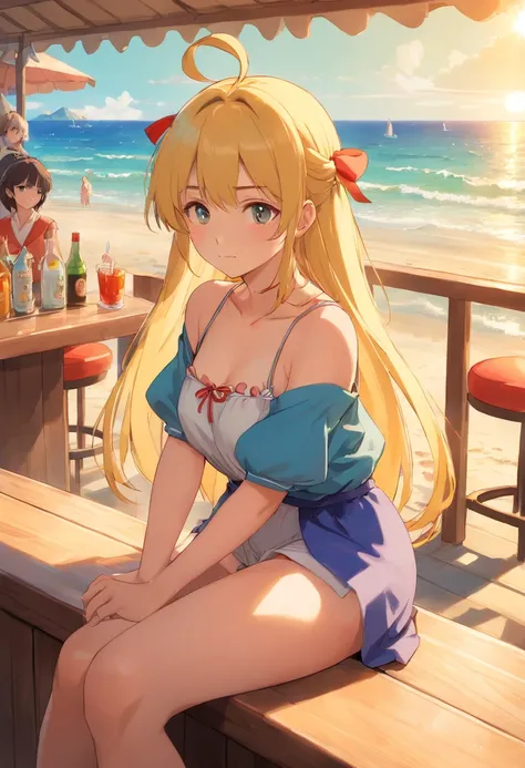 pendragon in summer attire, sitting on the beach bar counter, while looking at the camera, sulking, tsundere vibes, stunning figure, pertect fit body, beautifull sun lighting,