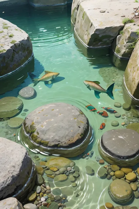 A lot of fish are swimming、Small pool surrounded by shallow river stones、Upfish、50 fish swimming、Fenced with small stones、Pool made of small stones。