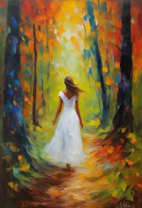 A girl walks through an enchanted forest. The forest is full of tall, slender trees with bright-colored leaves. The girl wears a long, white dress, and her hair is long and black. Her face is serene and peaceful, and her eyes are full of dreams.