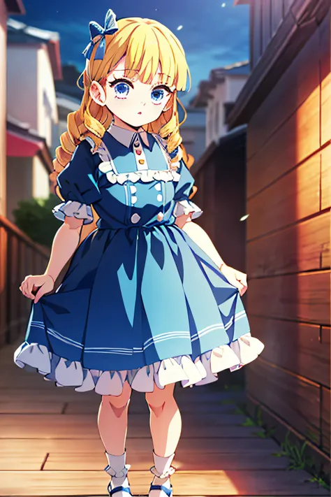 kimetsu no yaiba style, blonde long curly hair,blue eyes,long eyelashes,loli,frilly light blue dress,fullbody,masterpiece,standing,flatchested,,short puffy sleeves,facing viewer+,anime coloring,short puffy sleeves,lolita dress,collared dress,kawaii+