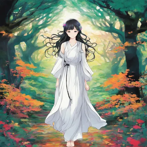 A girl walks through an enchanted forest. The forest is full of tall, slender trees with bright-colored leaves. The girl wears a long, white dress, and her hair is long and black. Her face is serene and peaceful, and her eyes are full of dreams.