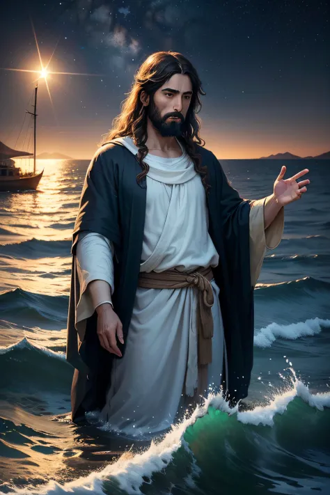 Create a high-definition digital illustration of Jesus that depicts a night scene on the Sea of Galilee. The background should show choppy waves and a starry sky with scattered clouds. Jesus precisa estar no canto da imagem