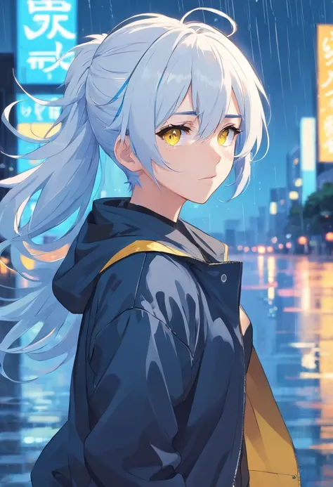 White blue hair, pony tail, yellow eyes, cool face,black jacket, rain background