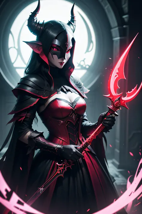 ark art darkweb 1femme chevalier malefique, Using an anonymous red neon mask, Using a sword, Neon Red Armor Darkness,obscur,4K