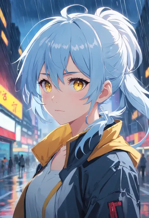 White blue hair, pony tail, yellow eyes, red pupils, cool face,black jacket, rain background