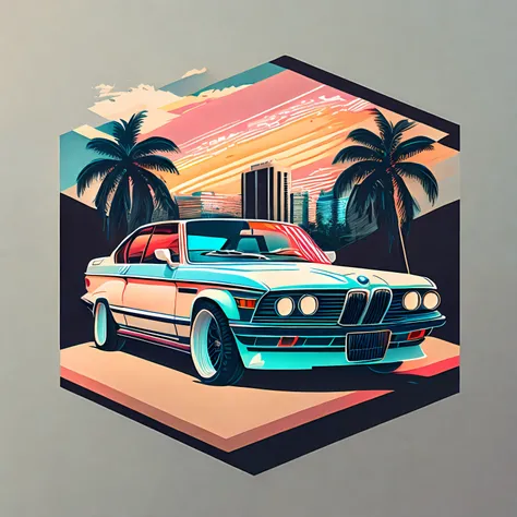 Artwork for t-shirt graphic design, a retro graphic design, 2023 BMW, miami street, soft four color color, vintage pastel tone, highly detailed clean, vector image, realistic masterpiece, professional photography, realistic car, simple car sunrise backgrou...