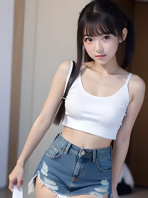 Knees，小柄，Short stature，small tits，Denim skirt，White crop top look，年轻，teens girl，A dark-haired，Twin-tailed，uneasy