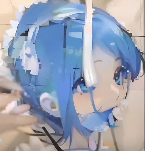 There is a blue and white bag，There is a toothbrush inside, close up iwakura lain, mikudayo, close up of lain iwakura, small curvaceous loli, rimuru, closeup detailed, hatsune miku face, 2d anime, close up of iwakura lain, Loli, sona is a slender