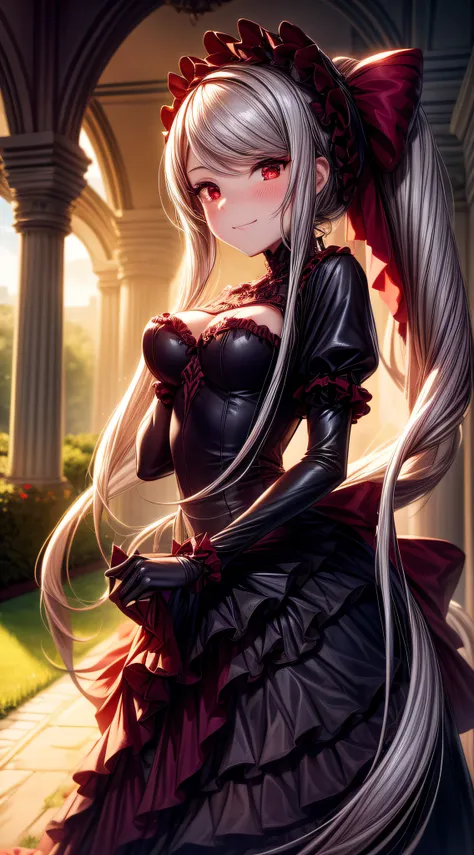 1girl, 3four, blood, bow, breasts, dress, frilled_dress, frills, gothic_lolita, grey_hair, hair_bow, hair_over_one_eye, lolita_f...